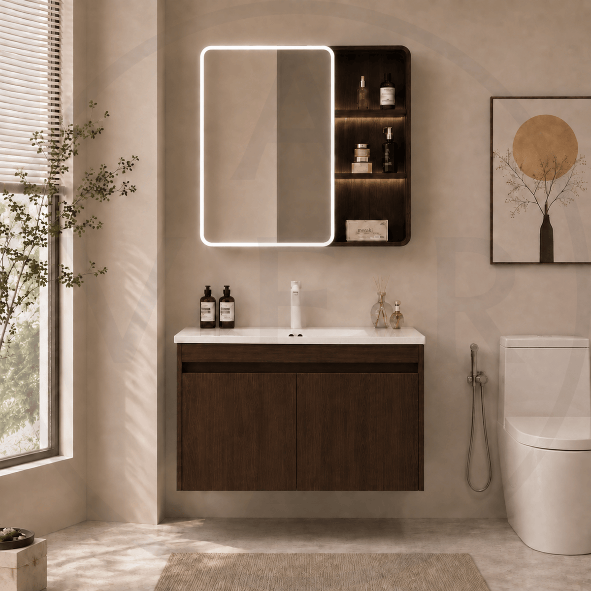 Avera Halo Bathroom Vanity Set – Walnut Wood